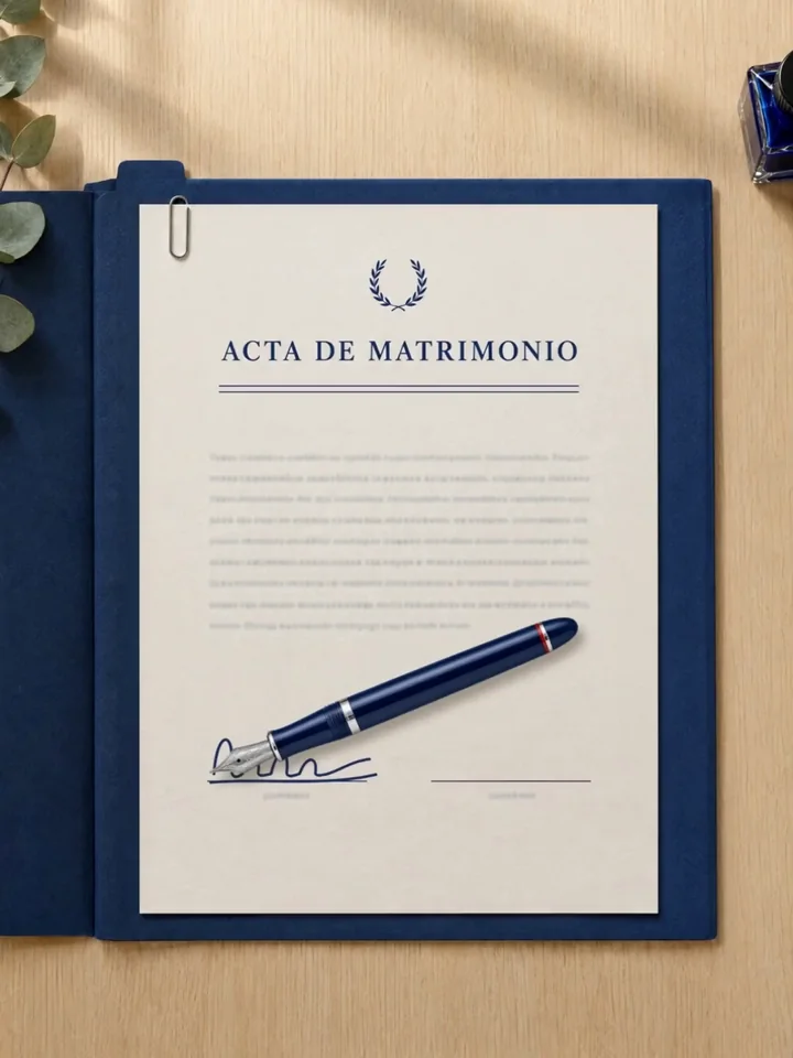 Acta de matrimonio y pluma azul en una carpeta sobre un escritorio de madera clara