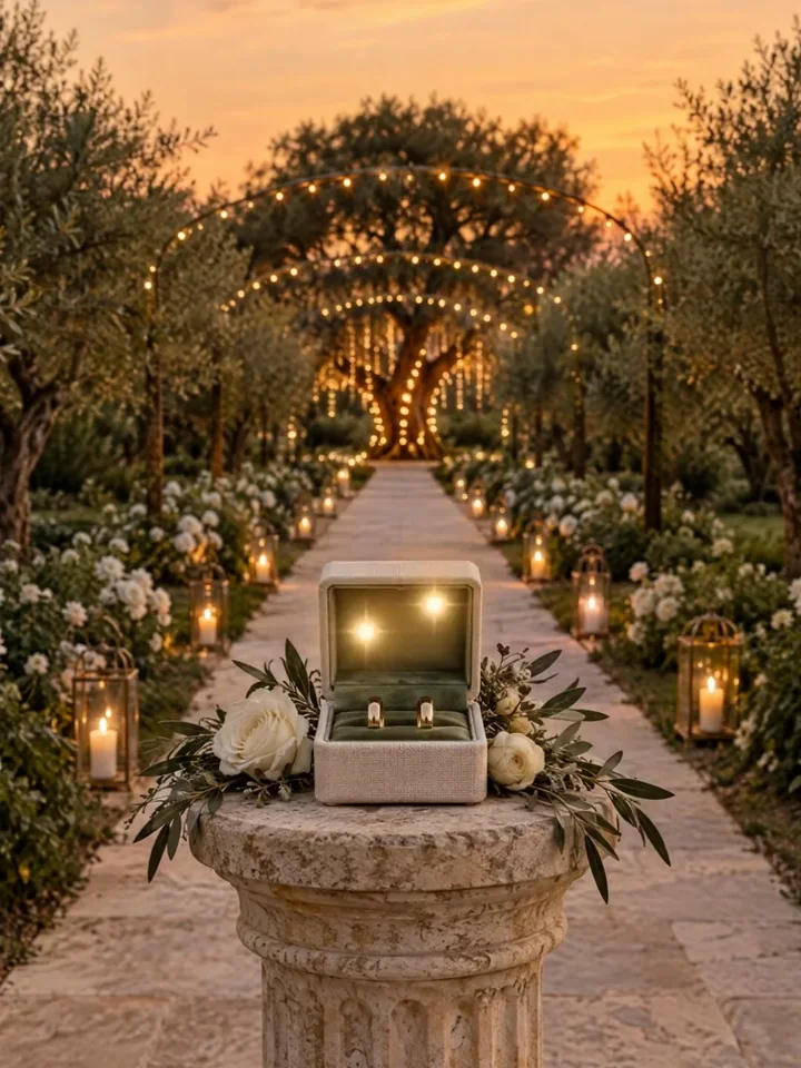 Cofre de anillos sobre un pedestal en un jardín de olivos con guirnaldas de luces al atardecer