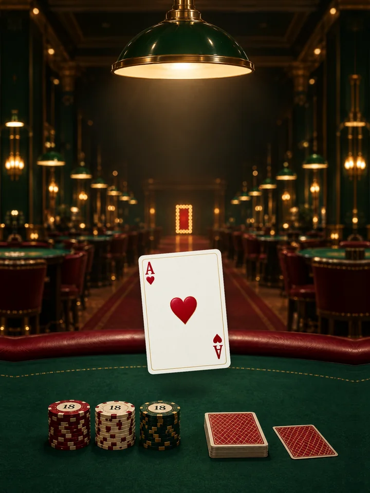 As de corazones flotando sobre una mesa de casino con fichas del 18 y cartas, en un salón verde y dorado