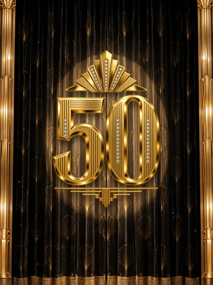 Telón de terciopelo negro con un 50 dorado art déco