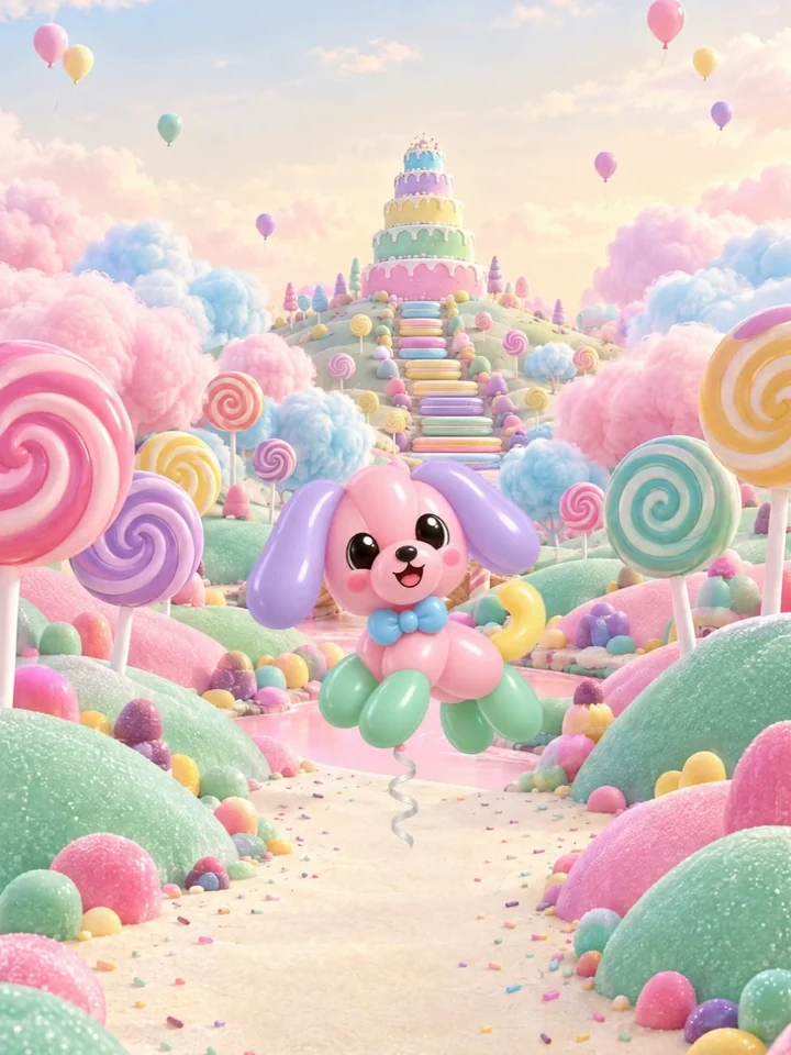Globi, un perrito de globo pastel, flota frente a Dulcilandia