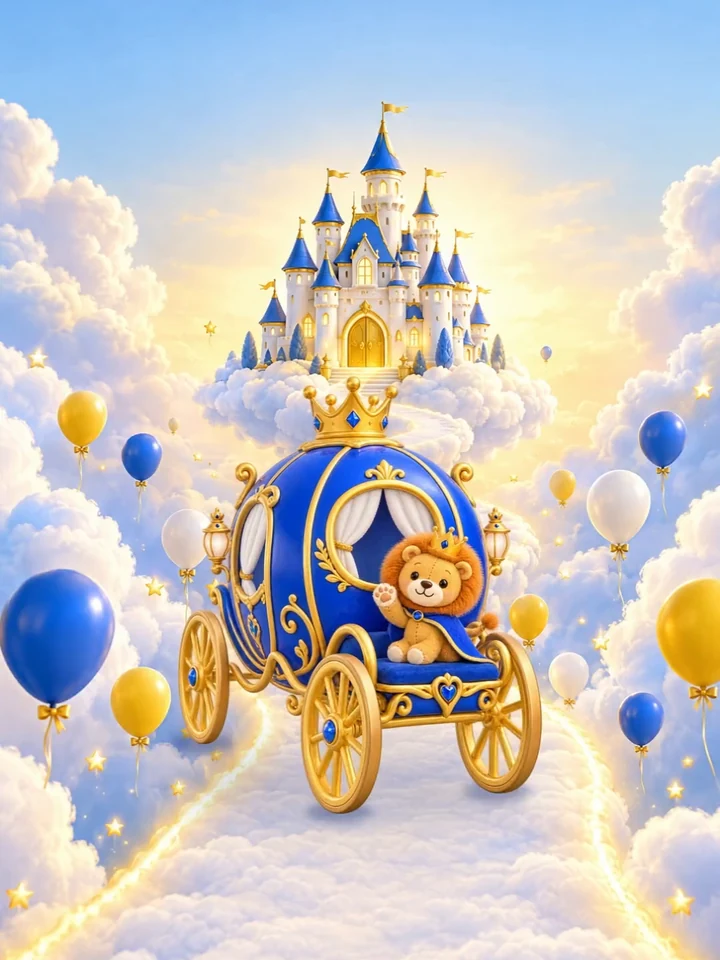 Carruaje azul con un león de peluche coronado sobre un camino de nubes
