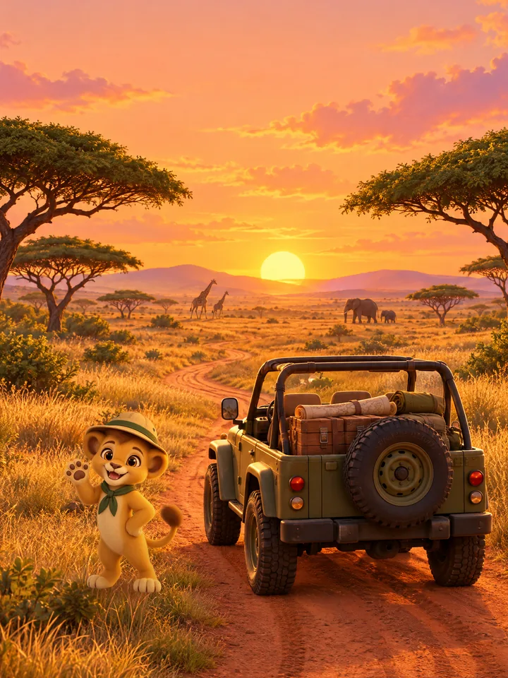 Un leoncito explorador junto al jeep en la sabana al atardecer