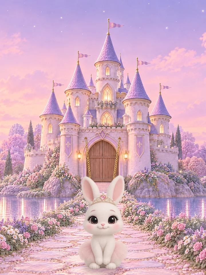 Castillo rosa en un bosque encantado y una conejita con tiara