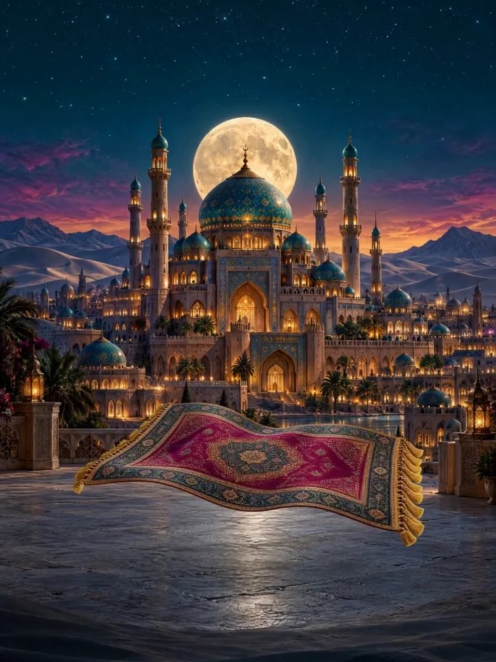 Alfombra mágica flotando frente a un palacio de cúpulas bajo la luna