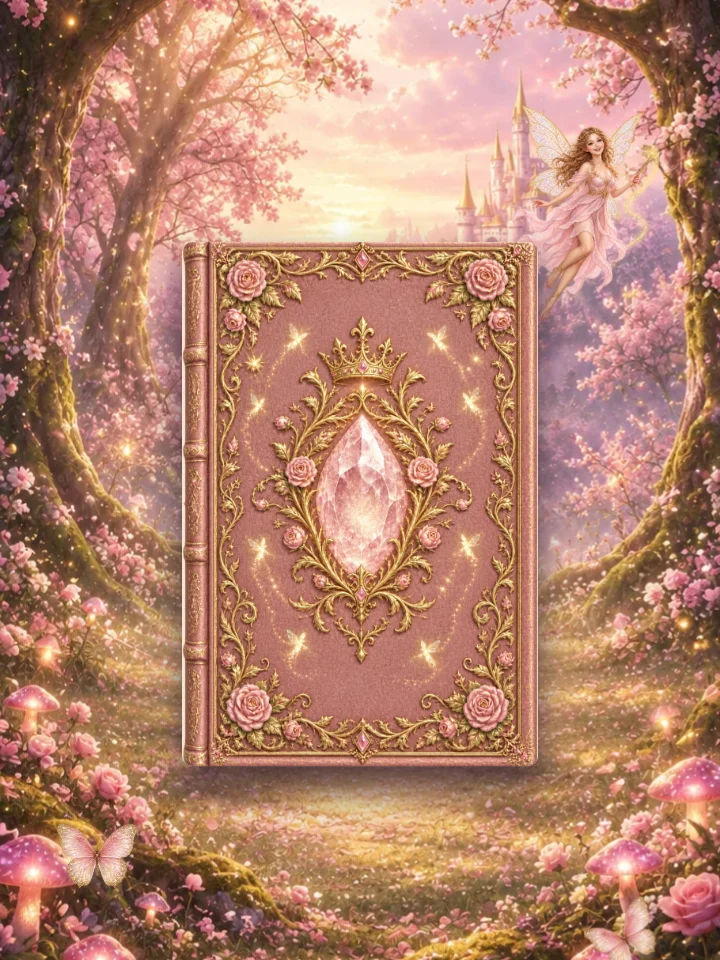 Libro de cuentos rosa y dorado en un bosque encantado con un castillo al fondo