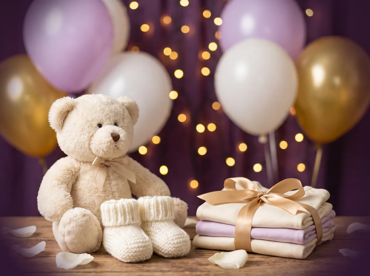 Osito de peluche con escarpines, ropita doblada y globos en tonos pastel