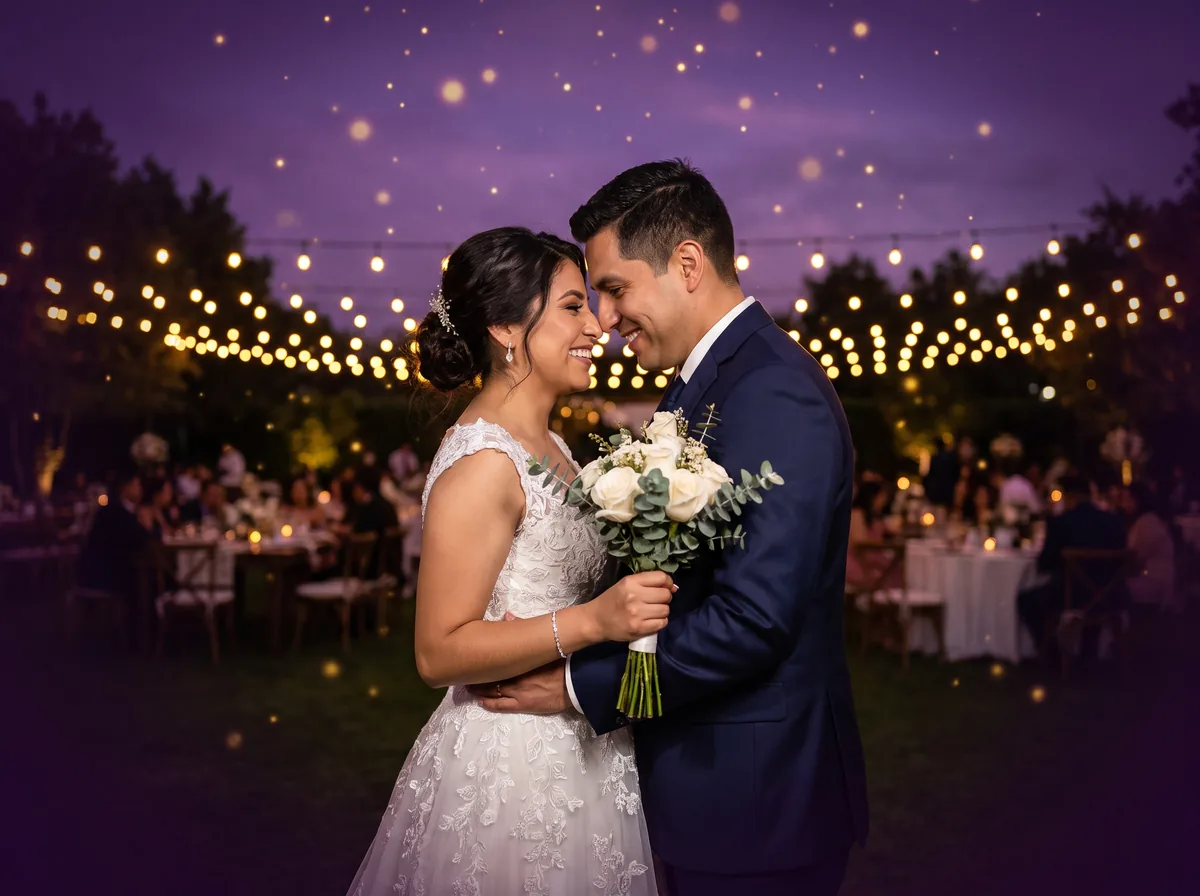 Pareja de novios abrazada en un jardín con guirnaldas de luces