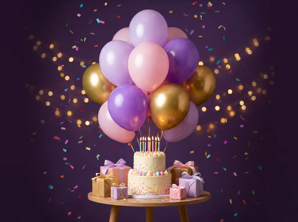 Torta de cumpleaños con velas, regalos y globos lilas y dorados