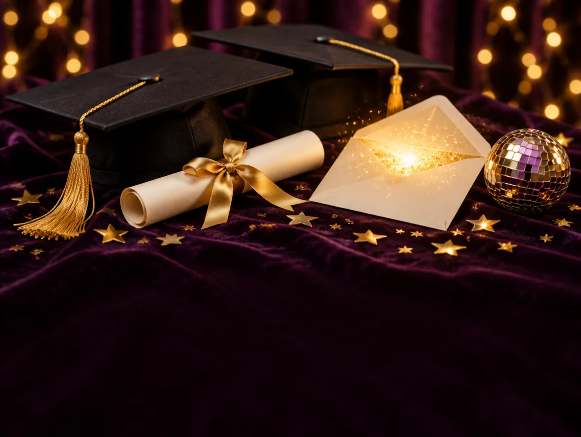 Birretes de graduación, un diploma con lazo dorado y un sobre iluminado