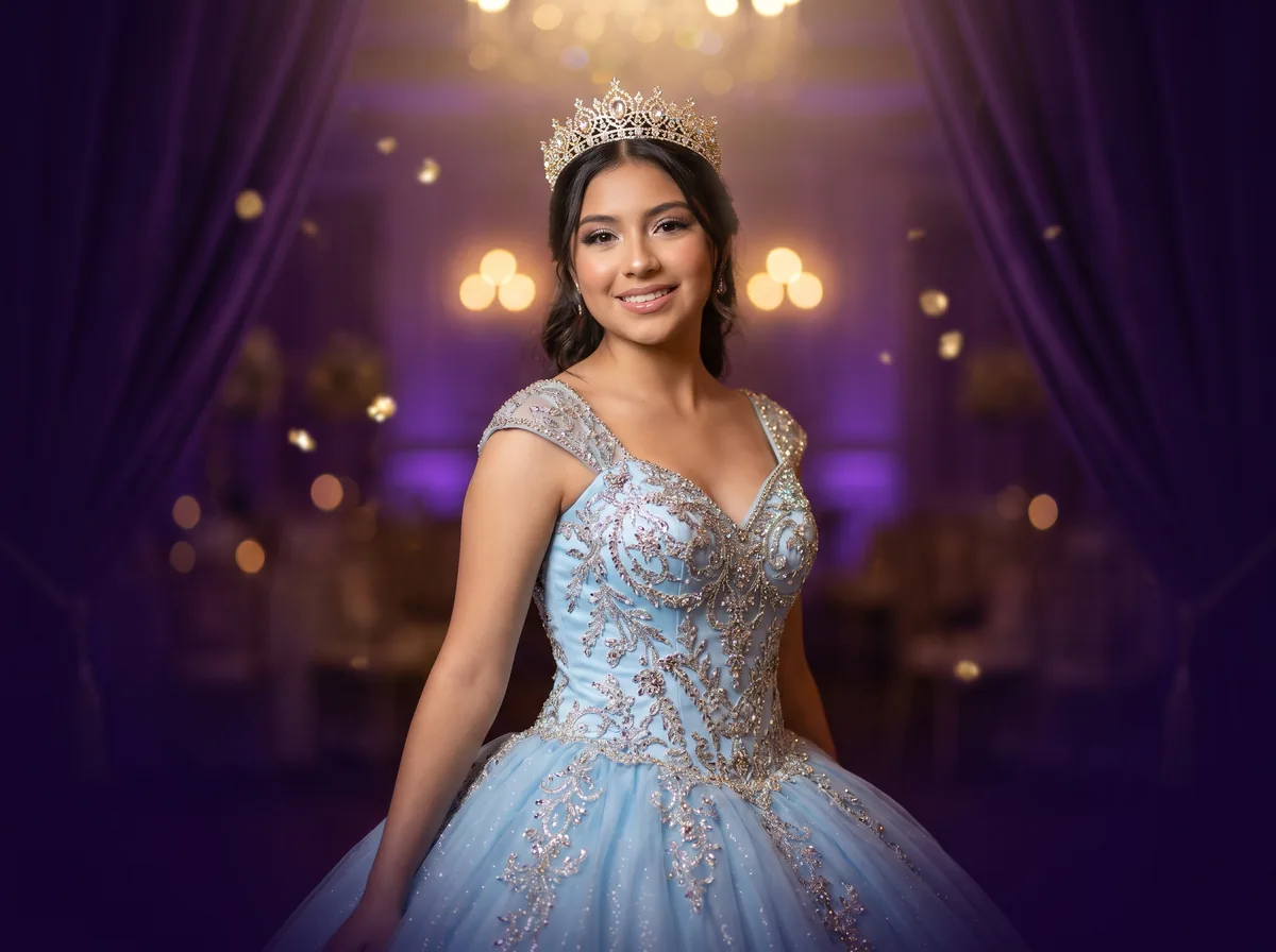 Quinceañera con vestido celeste y tiara en un salón iluminado