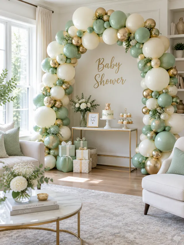 Arco de globos crema, menta y dorado