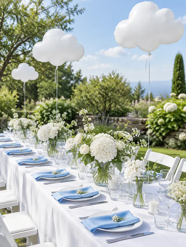 Mesa en el jardín con globos nube