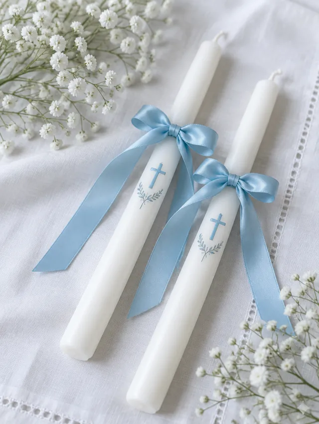 Dos velas de bautizo con cinta celeste