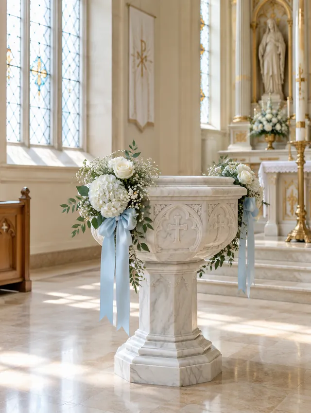 La pila bautismal con flores blancas
