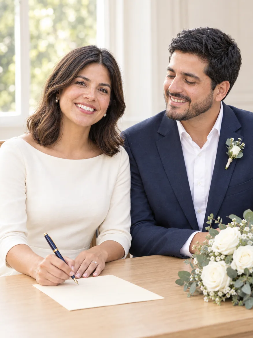 Ana y Gabriel ensayan la firma con la pluma