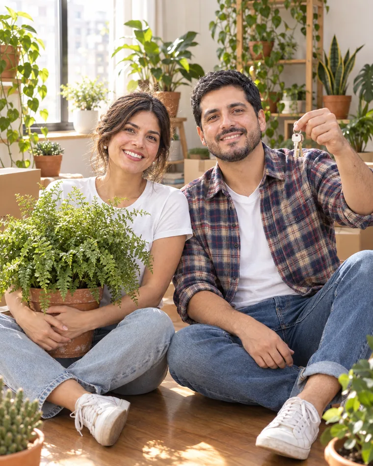 Ana y Gabriel entre plantas en su primer departamento