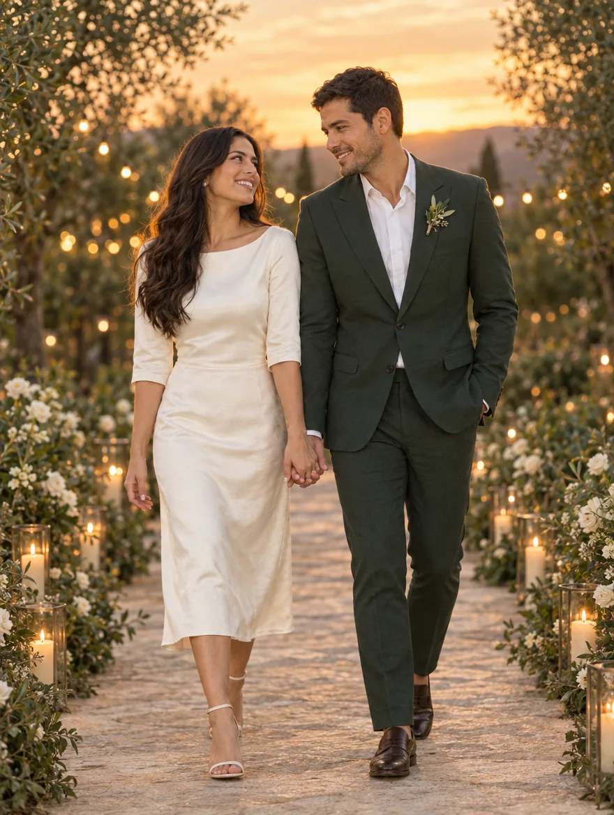 Lucía y Diego caminan de la mano entre velas