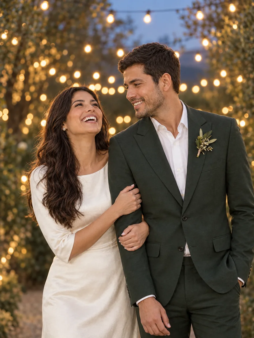 Lucía y Diego ríen bajo las guirnaldas de luces