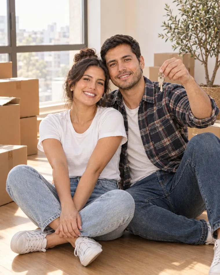 Lucía y Diego entre cajas de mudanza en su primer departamento