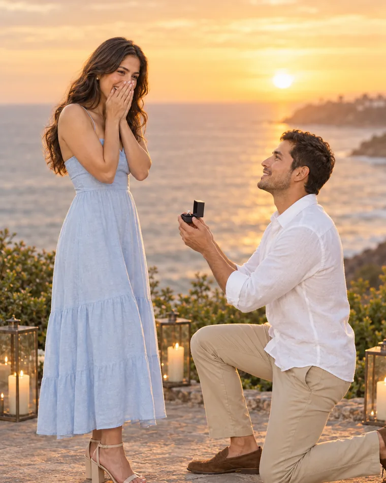 Diego le pide matrimonio a Lucía frente al mar, al atardecer