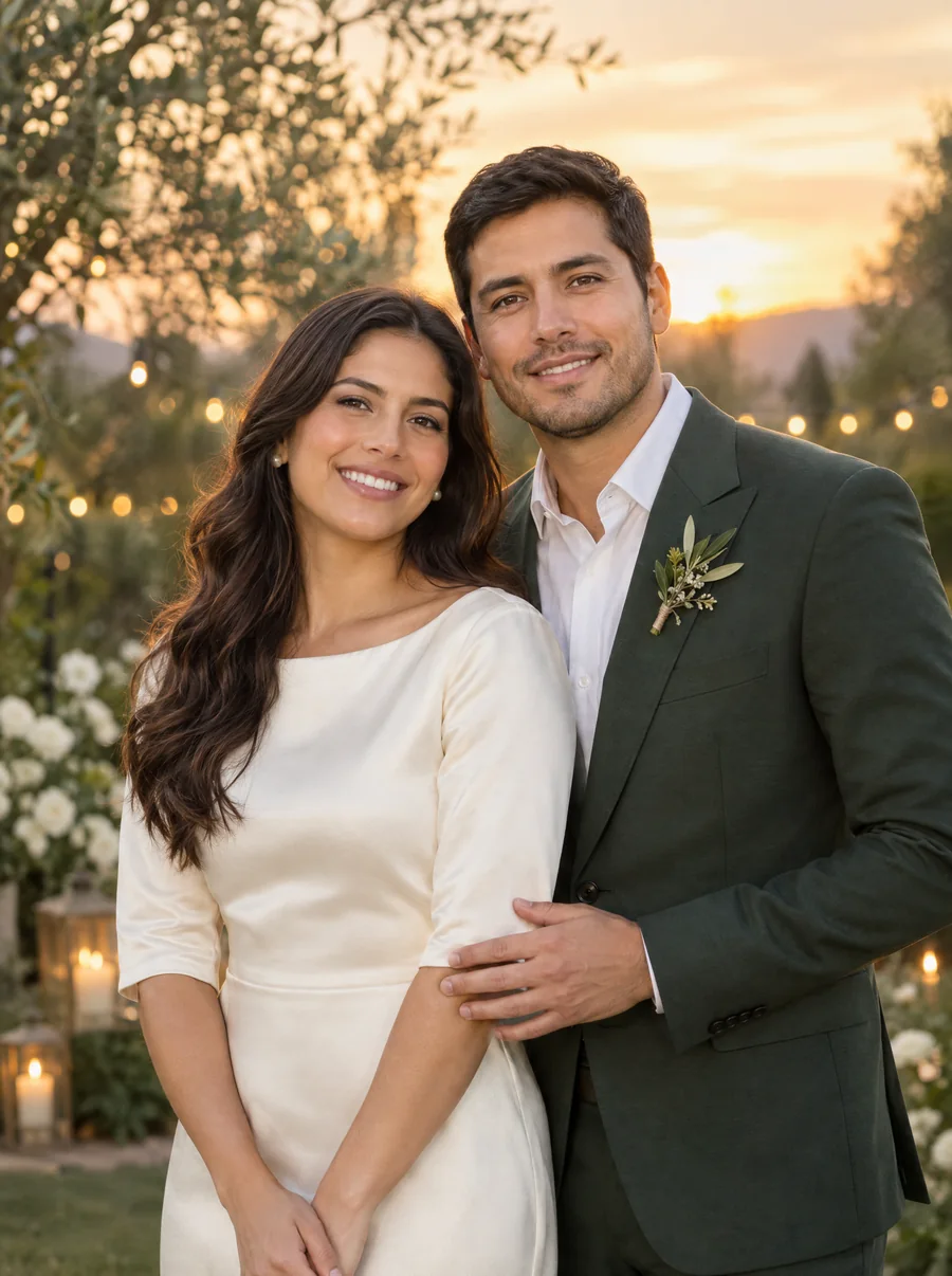Lucía y Diego abrazados en un jardín al atardecer