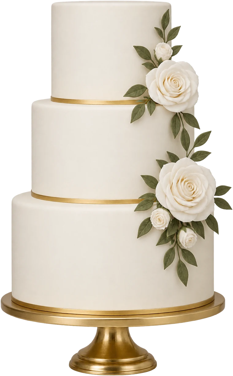 Torta de bodas de tres pisos con rosas blancas y hojas de olivo