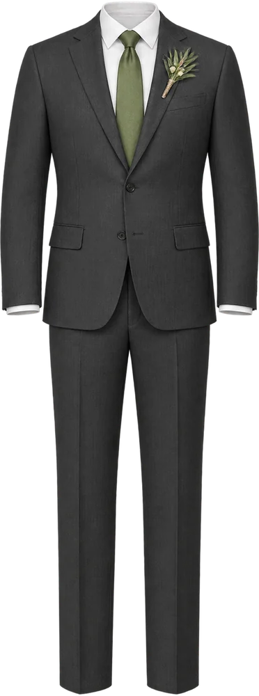 Traje oscuro con camisa blanca y corbata verde olivo
