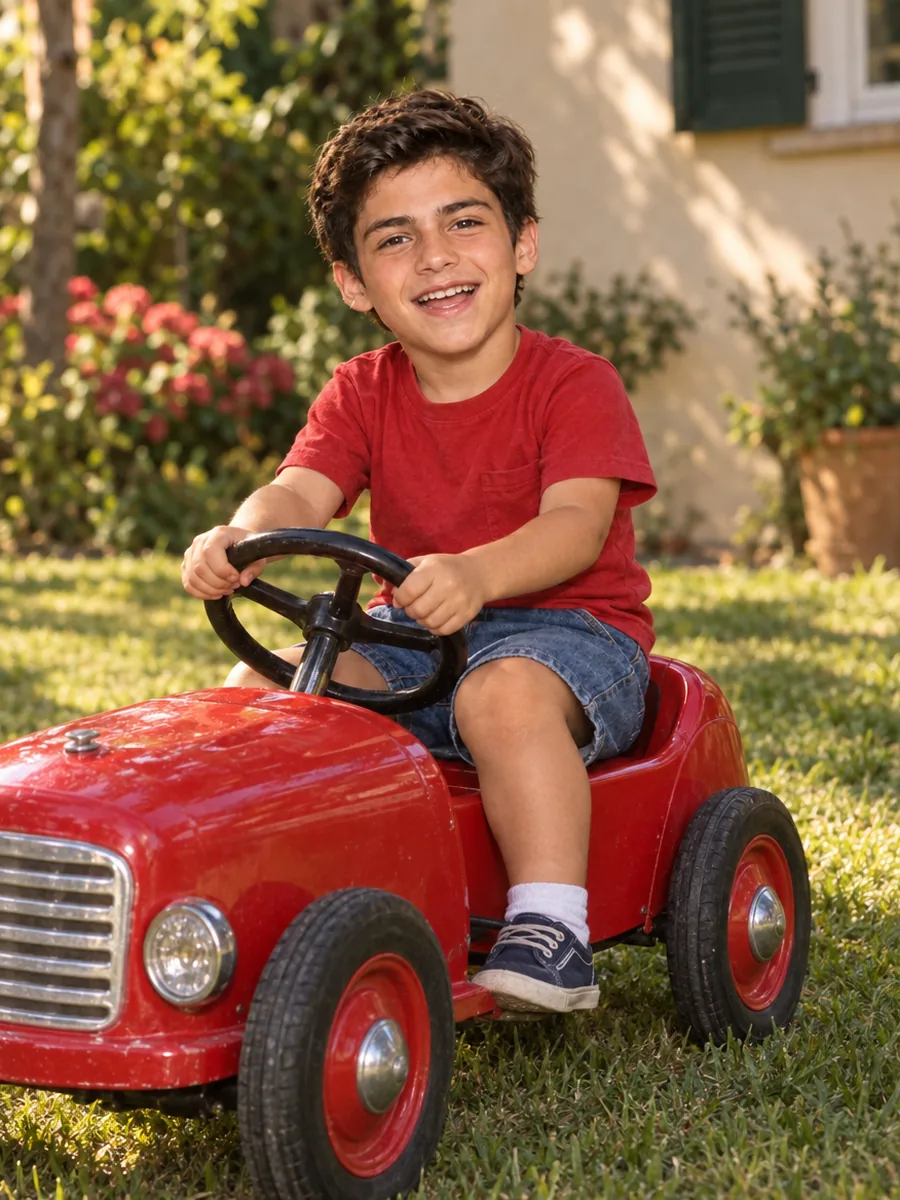 Joaquín a los tres años manejando un carrito de juguete