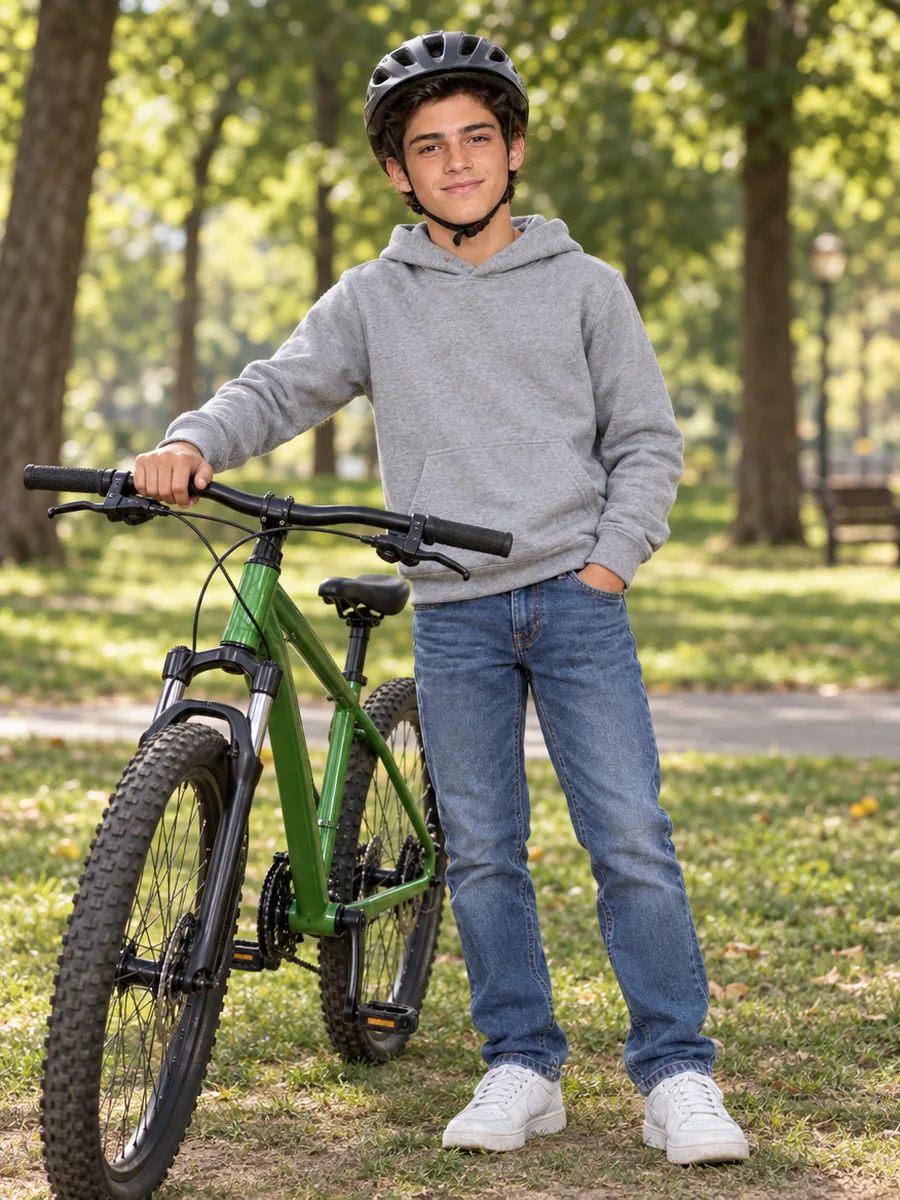 Joaquín a los diez años con su bicicleta nueva en el parque