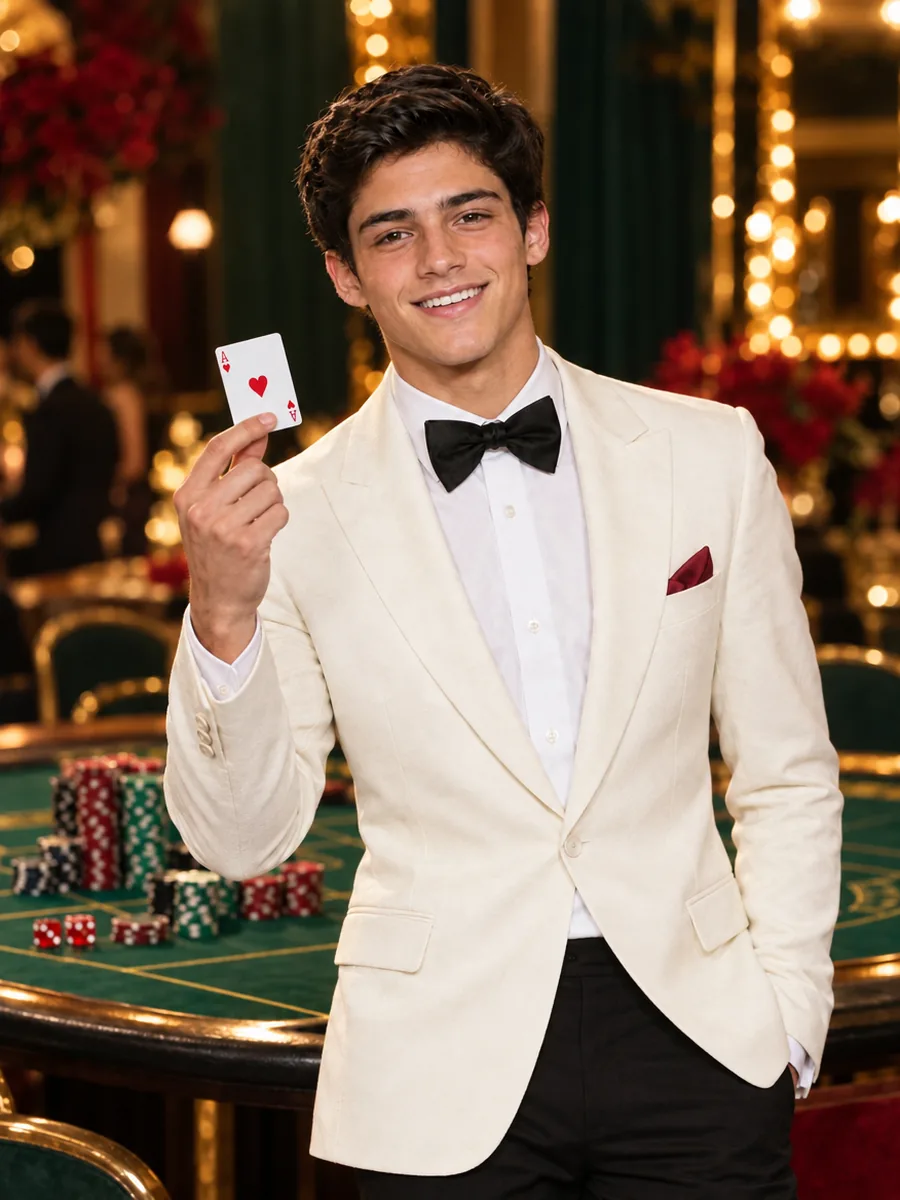 Joaquín a los dieciocho, riendo junto a una mesa de casino con su saco blanco