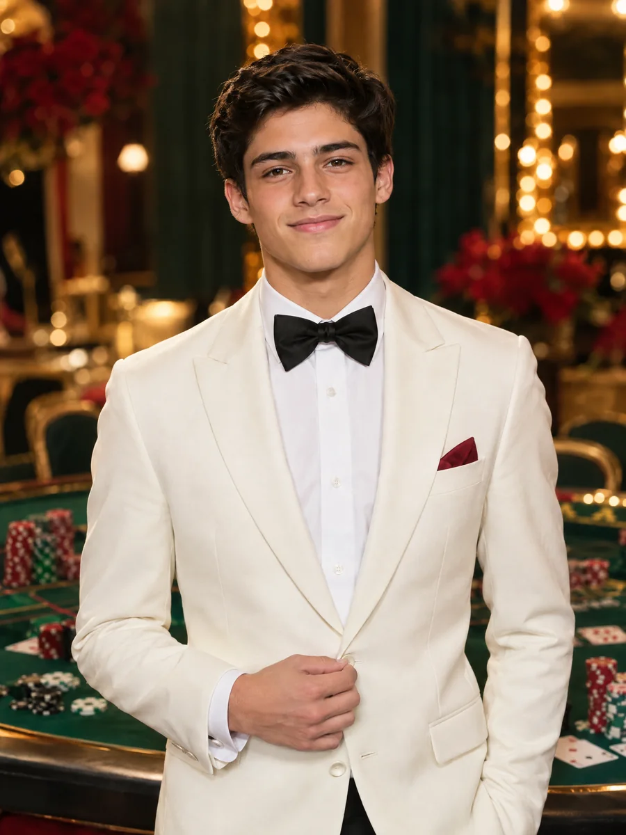 Joaquín, de dieciocho años, con saco blanco y corbata de lazo en una noche de casino