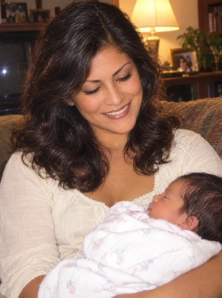 Carmen con su bebé recién nacida en brazos