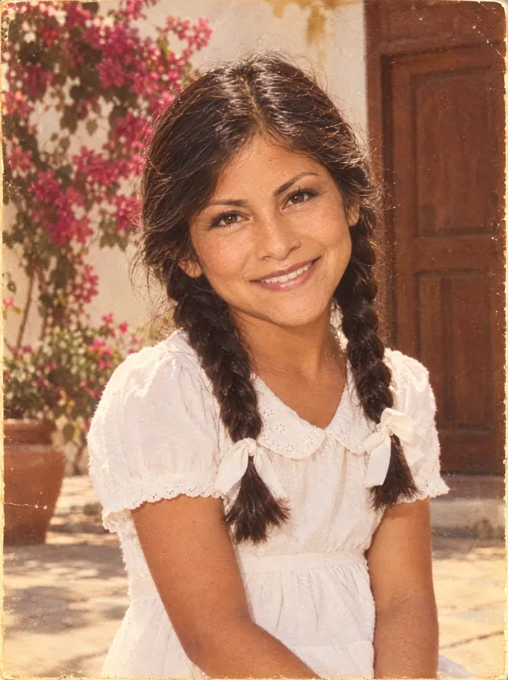 Carmen de niña en un patio de Trujillo, foto de los años ochenta