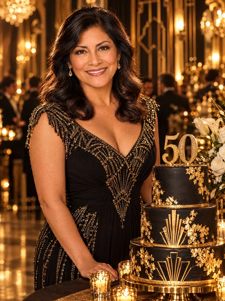 Carmen junto a su torta negra y dorada con el 50