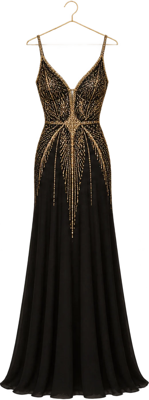Vestido largo negro con bordado dorado
