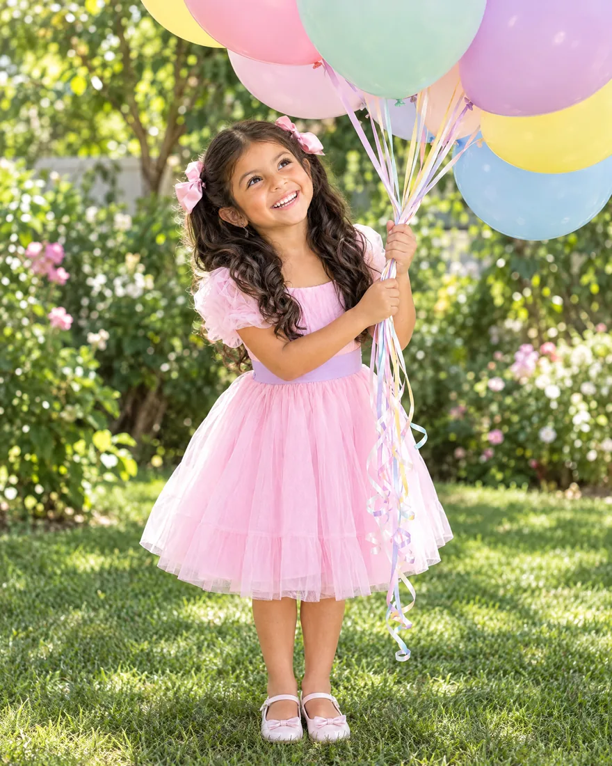 Dani con un ramo de globos gigantes en el jardín