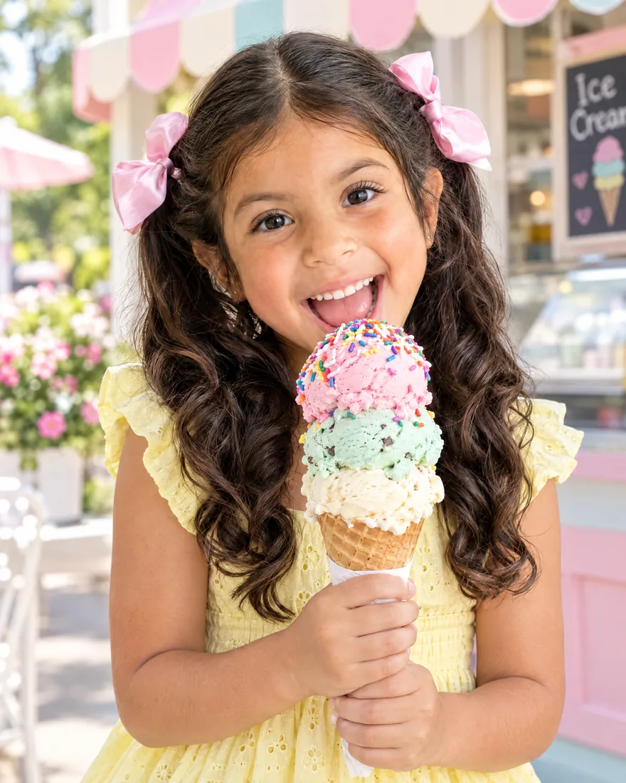 Dani con un helado de tres bolas