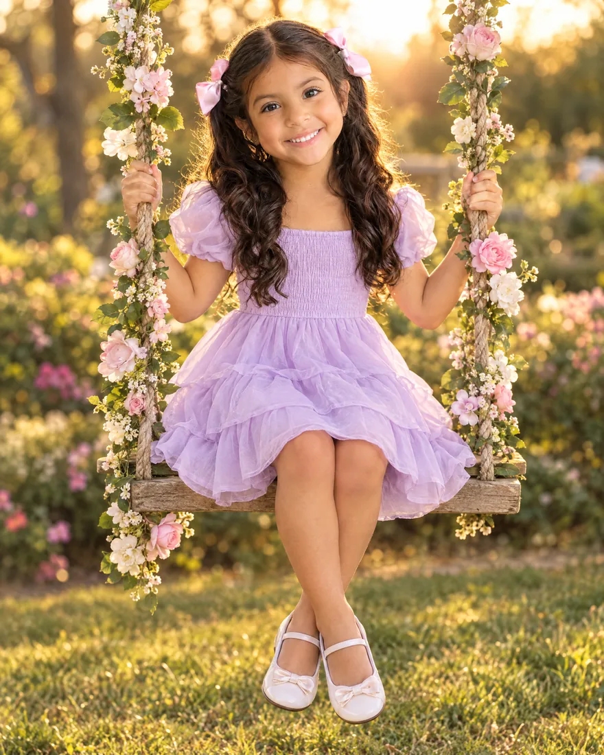Dani en un columpio con flores