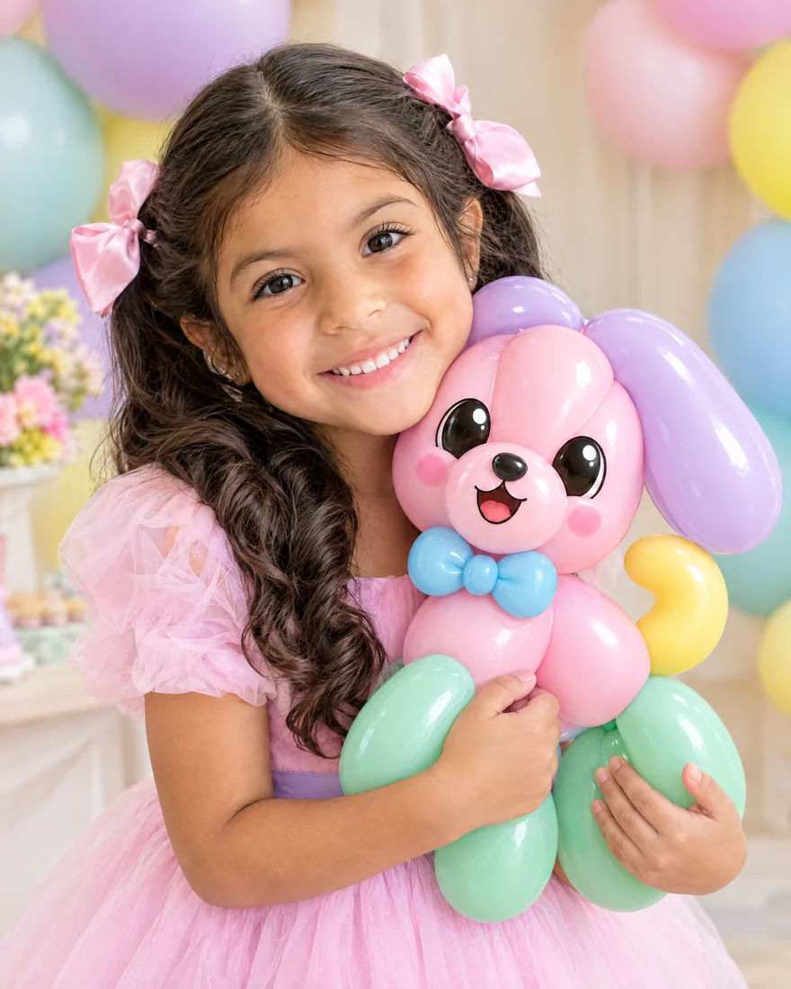 Dani abrazando a Globi, su perrito de globos