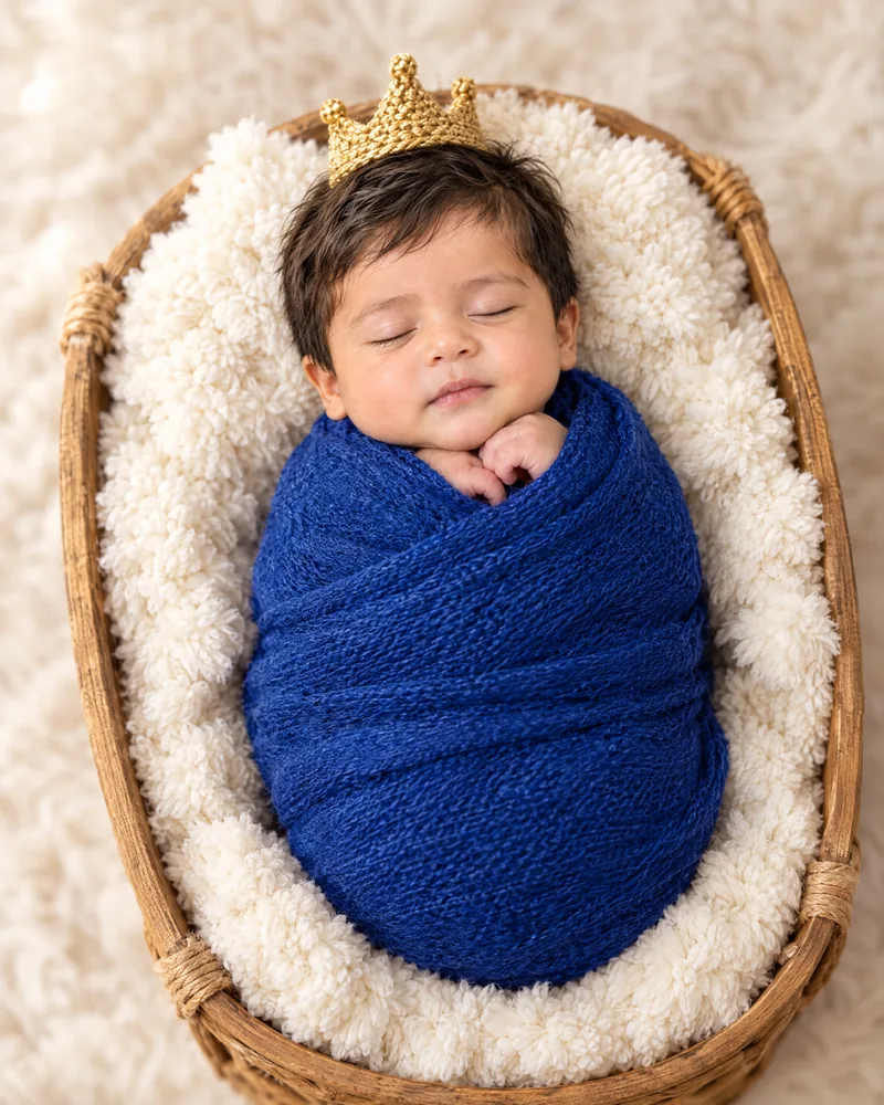 Mateo recién nacido, dormido con una coronita tejida
