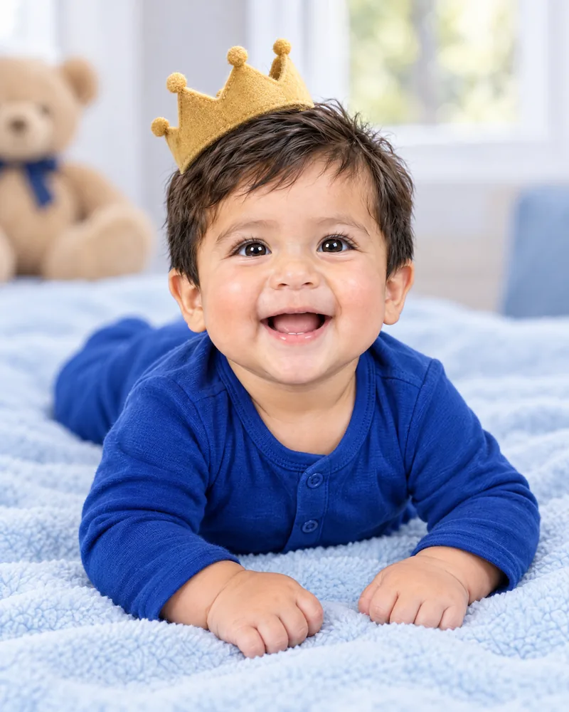 Mateo a los seis meses, boca abajo y sonriendo