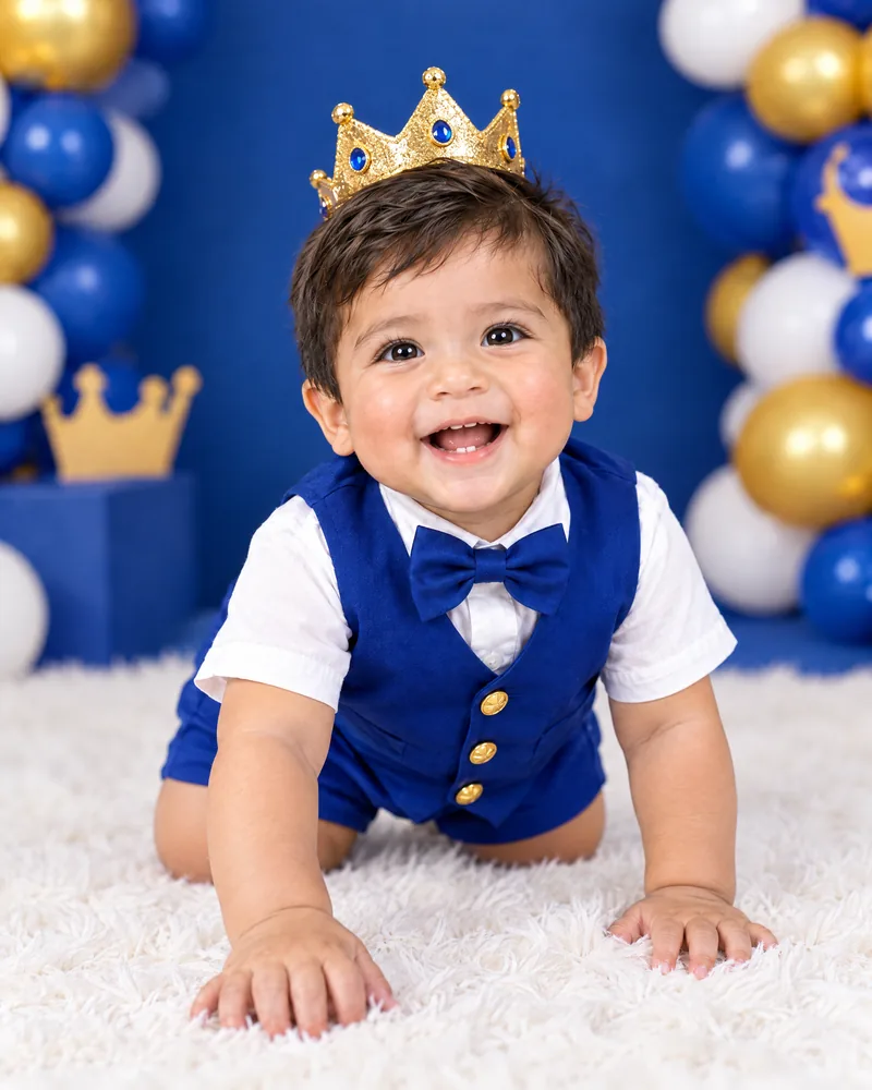 Mateo gateando con su corona