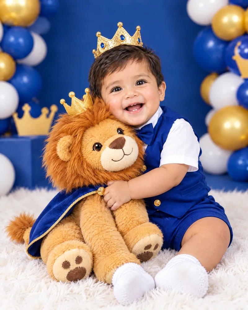Mateo abrazando a su león de peluche con corona