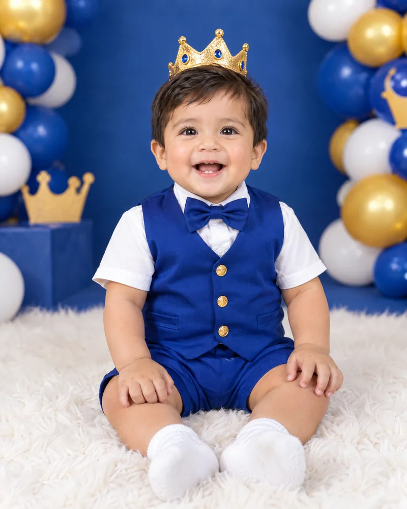 Mateo sentado con su corona y su chaleco azul
