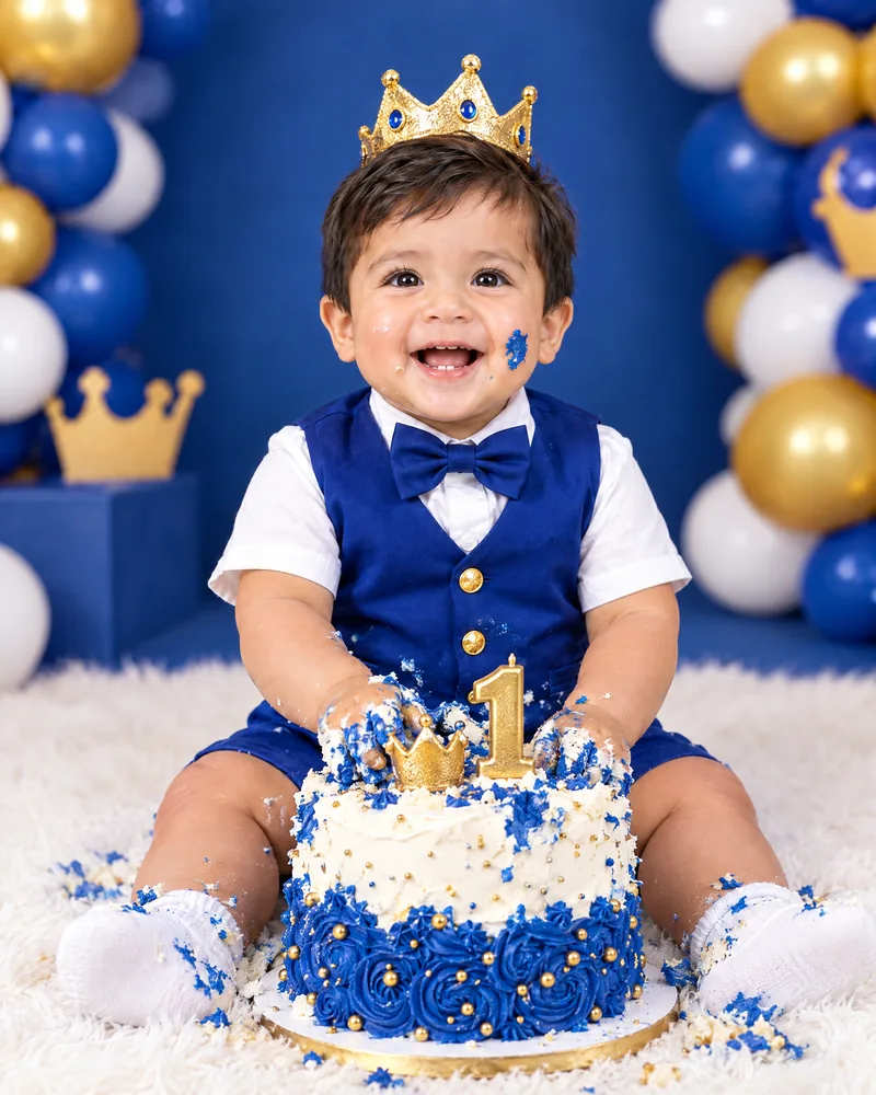 Mateo riendo con las manos en su torta azul