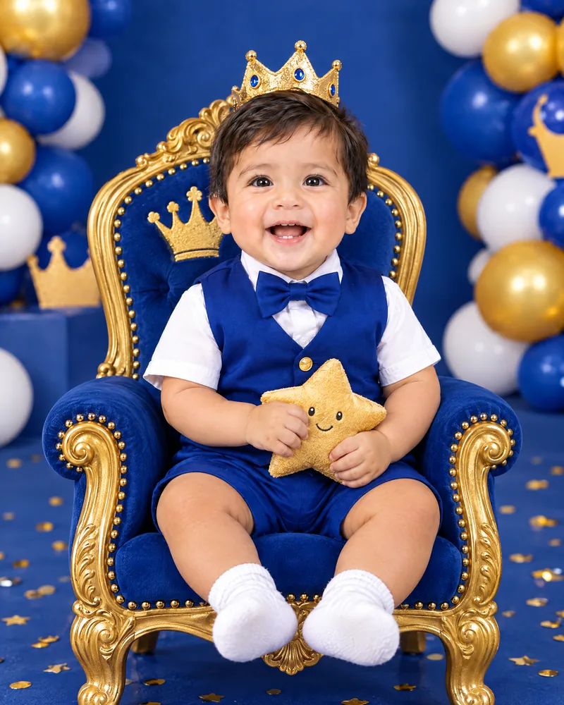 Mateo sentado en un tronito azul con una estrella de peluche