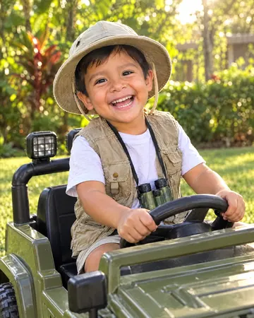 Thiago manejando un jeep de juguete