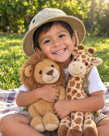 Thiago abrazando un león y una jirafa de peluche