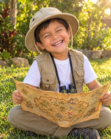 Thiago riendo con un mapa del tesoro